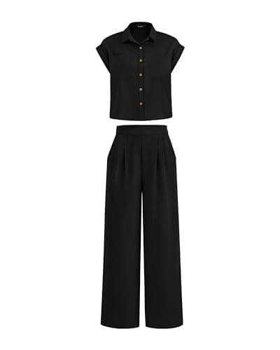 PRETTYGARDEN Womens 2 Piece sets Summer Cap Sleeve Tops Palazzo Pants Dressy Casual Vacation Travel Outfits Tracksuits(Black,Medium) - Image 1