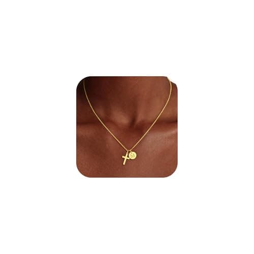 Fezodo Teen Girls Gifts Trendy Stuff - 14K Gold Plated Cross M Initial Letter Necklace Teen Girls Gifts Trendy Stuff Christian Birthday Gift for 5 6 7 8 9 10 11 Years Old Gift Kids - Image 1