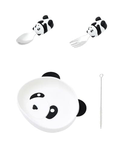 Ecrekhom Silicone Baby Feeding Set 4 Pcs, Weaning Supplies, Panda Baby Plates Baby Spoon & Fork, Baby Utensils Feeding Essentials