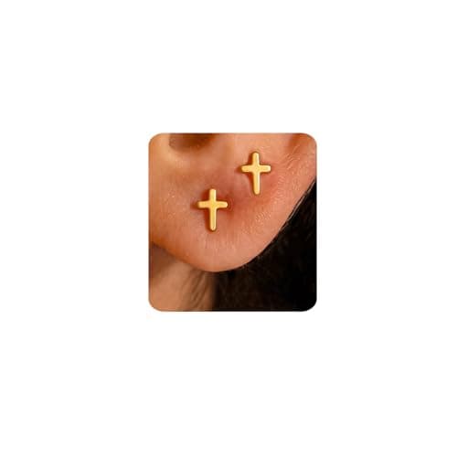 MUMREUES Gold Earrings for Women 14K Gold Plated Cross Stud Earring Dainty Minimalist Simple Small Earrings Jewelry Gift for Her - Image 1