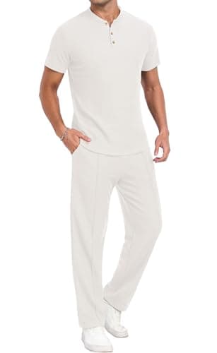 PrinStory Men's Short Sleeve Outfits Waffle Knit Henley Shirt and Pants Set Casual 2 Pieces Summer Tracksuits with Pockets White-2XL - Image 1