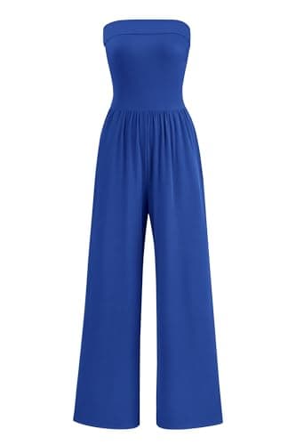 PRETTYGARDEN Strapless Wide Leg Jumpsuits for Women Dressy Casual Ribbed Knit Tube Rompers Jumper Vacation Summer One Piece Outfits (Blue,XXL) - Image 1