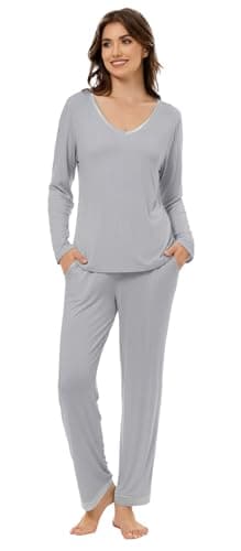 LUBOT Bamboo Viscose Pajamas for Women Soft Breathable Cooling Womens Pajama Set Two Piece PJ Sets Long Sleeve Pants Loungewear Nightwear Sleepwear (Light Gray,XL) - Thumbnail 2