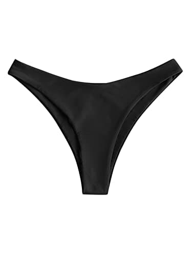 ZAFUL Women's High Cut Plain Bikini Bottom Mid Waist Solid Swimsuit Briefs Cheeky Bathing Suit High Leg Swim Bottoms Black S - Thumbnail 3
