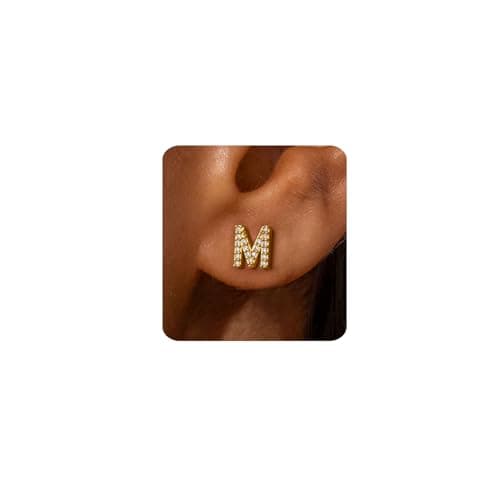 MUMREUES Gold Earrings for Women Trendy 14K Gold Plated Cubic Zirconia Initial M Letter Stud Earrings Simple Small Minimalist Dainty Cute Hypoallergenic Earrings Jewelry Gifts - Image 1