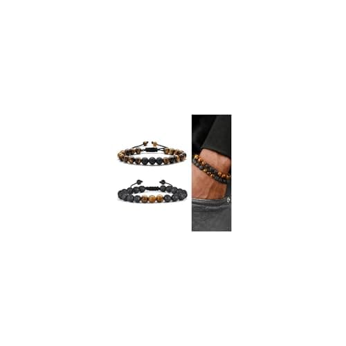 M MOOHAM Bracelets for Men - Beaded Natural Tiger Eye Bracelets for Men Black Lava Rock Stone Chakra Mens Anxiety Bracelet Adjustable Aromatherapy Oil Diffuser Jewelry Gifts