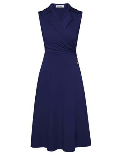 GRACE KARIN Business Work Ruched Wrap V Neck Dress for Women Summer Sleeveless Dress A Line Midi Dress Navy Blue XL - Image 1