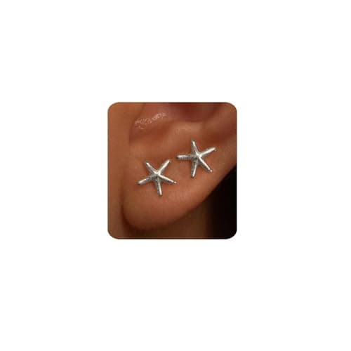 MUMREUES Silver Earrings for Women Trendy 14K White Gold Plated Small Starfish Stud Earrings Dainty Lightweight Minimalist Simple Hypoallergenic Earrings Jewelry Gifts for Her - Image 1