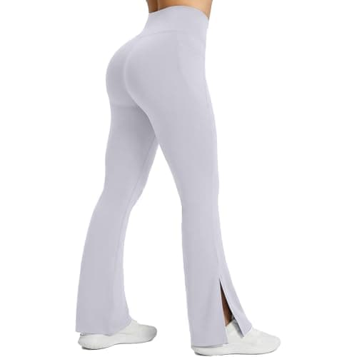 AMLEER Women's V Waist Side Split Wide Leg Yoga Leggings - High Waisted Crossover Stretchy Workout Flare Yoga Pants（Lavender, 2X-Large