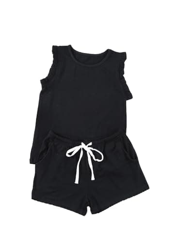 blibean Girl Summer Clothes Sets Ruffle Sleeveless Matching Outfits Tween Kids Short Sleeve Solid Tee Shirts Clothing Pocket Tops Pants Size 10-11 Year Old Black - Image 1