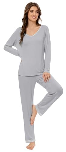 LUBOT Bamboo Viscose Pajamas for Women Soft Breathable Cooling Womens Pajama Set Two Piece PJ Sets Long Sleeve Pants Loungewear Nightwear Sleepwear (Light Gray,XL) - Thumbnail 3