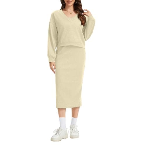 Anyshe Women's 2 Piece Matching Knit Sweater Set, Long Sleeve V-Neck Top with Maxi Skirt, Effortless Style for Vacation - Thumbnail 2