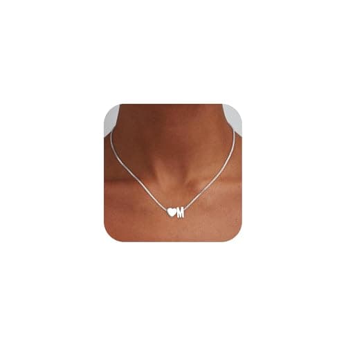 Eaciy Silver Necklaces for Women, 18K White Gold Plated Heart Initial Necklace Dainty Letter M Initial Necklaces for Women Trendy Silver Jewelry - Image 1