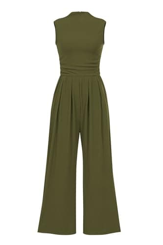 PRETTYGARDEN Womens Summer Jumpsuits Dressy Casual One Piece Outfits Sleeveless Mock Neck Wide Leg Pants Rompers with Pockets (Army Green,Medium) - Image 1