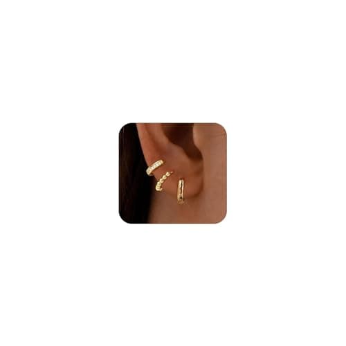 Turandoss Gold Hoop Earrings Set for Women Teen Girls Kids - 14K Gold Plated Beaded Hoops Hypoallergenic Huggie Earrings, Dainty Hoop Earring Set for Multiple Piercing - Image 1