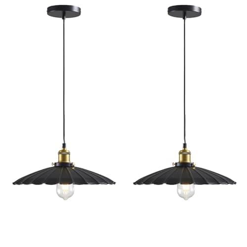Oyisen 2Pack Hanging Lamp, Metal Pleated Lampshade Pendant Lighting for Kitchen Island Black Pendant Light Fixture 15.7 Inch Hanging Pendant Light 6.5Ft Height Adjustable - Image 1