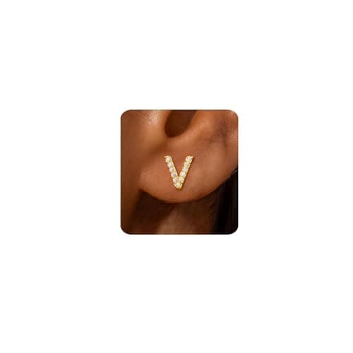 MUMREUES Gold Earrings for Women Trendy 14K Gold Plated Cubic Zirconia Initial V Letter Stud Earrings Simple Small Minimalist Dainty Cute Hypoallergenic Earrings Jewelry Gifts - Image 1