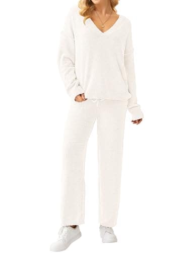 NORACORA Womens 2 Piece Fuzzy Fleece Pajamas Lounge Sets Long Sleeve V Neck Fluffy Pjs Matching Loungewear Off-white - Thumbnail 5