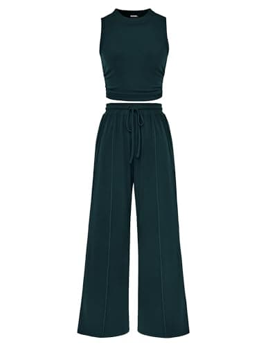BTFBM Summer Outfits For Women 2026 Cropped Sleeveless Tank Tops Wide Leg Pants 2 Piece Sets Beach Lounge Set Clothing(Deep Green, Small) - Image 1