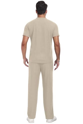 PrinStory Men's Short Sleeve Outfits Waffle Knit Henley Shirt and Pants Set Casual 2 Pieces Summer Tracksuits with Pockets Oatmeal-2XL - Thumbnail 6