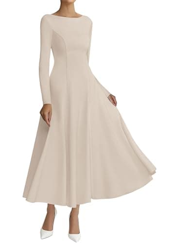 BTFBM Spring Dresses for Women 2026 Trendy Boat Neck Long Sleeve A Line Flowy Knit Loose Casual Elegant Party Maxi Dress(Beige, Large) - Image 1