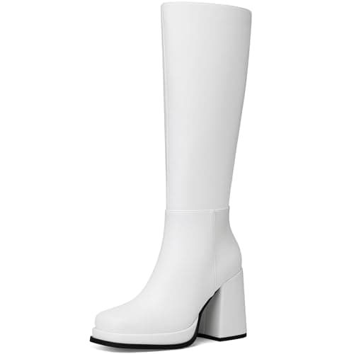 CELLENZ Women Knee High Boots: Comfortable Square Toe Boots - Platform Heel Long Boot Womens - White Fall Knee High Boot Casual Weekend Size 6.5