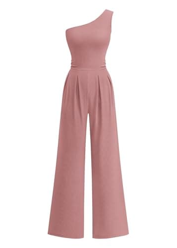 KIRUNDO One Piece Jumpsuits For Women Dressy 2026 Sleeveless One Shoulder Ribbed Wide Leg Rompers With Pockets Summer Outfits(Pink, Large) - Image 1