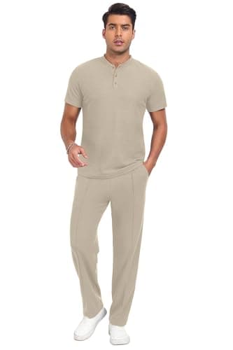 PrinStory Men's Short Sleeve Outfits Waffle Knit Henley Shirt and Pants Set Casual 2 Pieces Summer Tracksuits with Pockets Oatmeal-2XL - Thumbnail 4