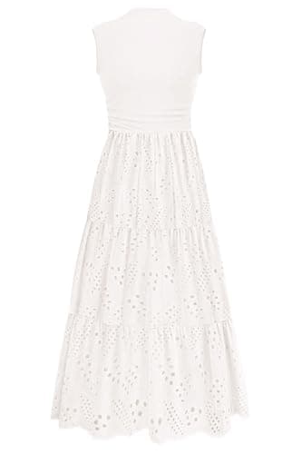 PRETTYGARDEN Summer Dresses for Women 2026 Casual Eyelet Sleeveless Wedding Guest Maxi Dress Tank Top Sundress with Pockets (White,X-Large) - Image 1