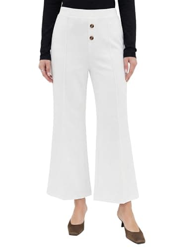 EXLURA Women's Stretchy Work Capri Pants Elastic Waist Business Casual Flare Cropped Trousers Cotton Yoga Leggings Pockets Beige White - Image 1