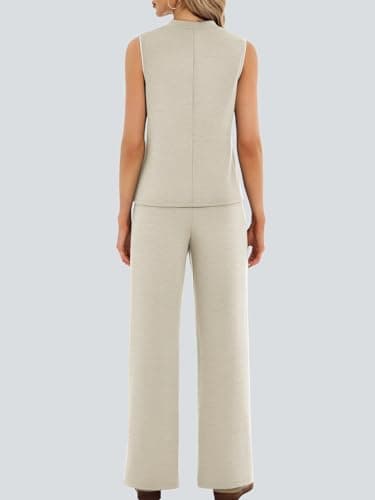 Casly Lamiit Womens 2 Piece Set Summer Outfits Mock Neck Tank Top Front Slit Pants Airport Travel Lounge Wear Striped Tracksuits Dark Beige S - Thumbnail 4