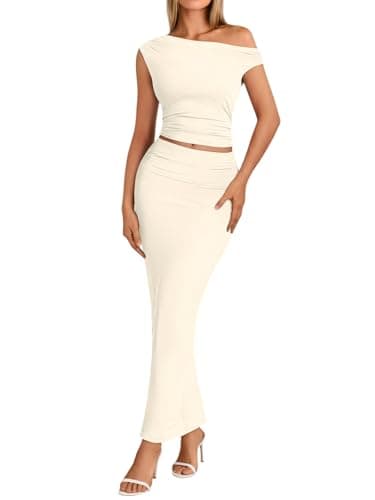Trendy Queen Skirt Sets Women 2 Piece Going Out Dressy Outfits 2026 Summer Sexy Maxi Bodycon Dresses Off Shoulder Cute Crop Tops Vacation Spring Wedding Guest Party Cocktail Y2k Clothes Apricot M - Image 1