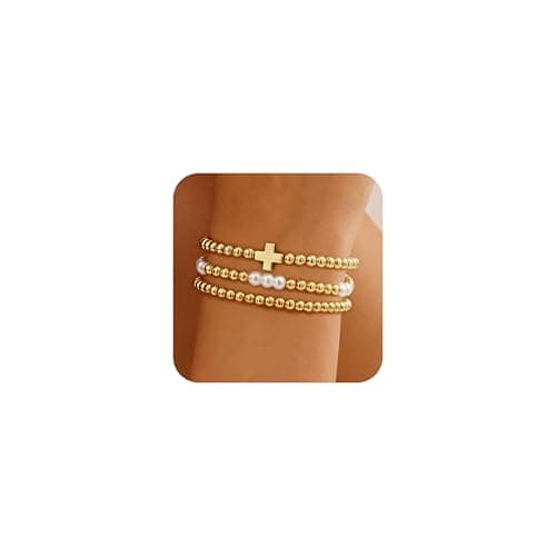 Fohufo Pearl Beaded Cross Bracelets Stack for Women, 14K Gold Plated Layered Religious Jewelry, Dainty Faith Bracelet Gift - Image 1