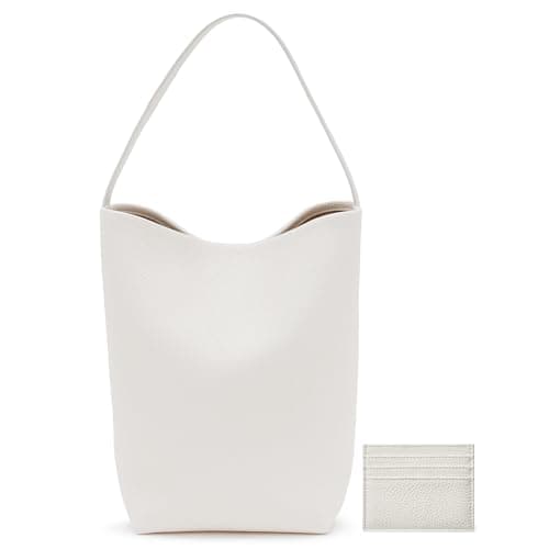 Genuine Leather Bucket Bag with Credit Card Holder Wallet, First Layer Pebble-grained Calfskin Tote Bag, Leather Handbag with Cotton Insert Pocket (White, Small) - Image 1