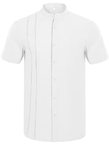 Mens Casual Button Shirts Cotton Linen Summer Beach Short Sleeve Tops for Lounge Vacation White - Thumbnail 5
