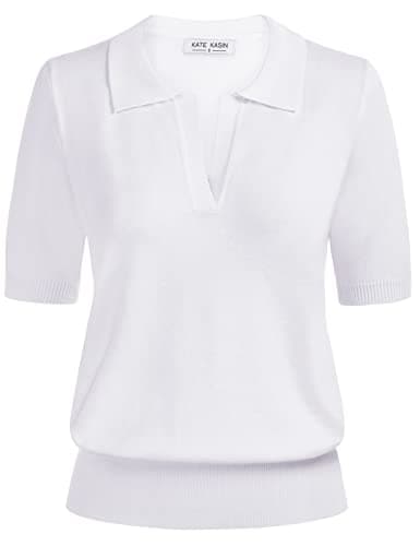 Kate Kasin Women's Polo Collar Sweater Ribbed Short Sleeve V Neck Knit Top T-Shirts Casual Tee Pullover Sweater White XL - Image 1