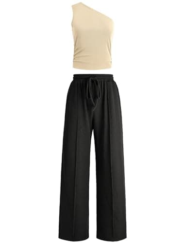 Casly Lamiit Womens 2 Piece Pant Sets Casual Travel Outfits Off Shoulder Top Wide Leg Pants Airport Beach Vacation Clothes Contrast Color Black Beige L - Image 1