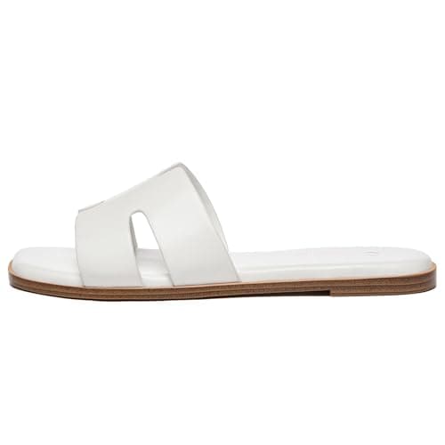 Rihero Women's Dressy Flat Sandals Comfortable Slip On Leather Slide White Sandals Size 7.5 - Thumbnail 4