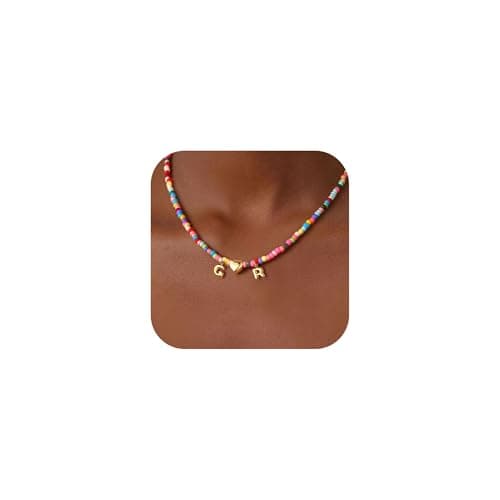 Turandoss Colorful Beaded Initial Necklaces - 14K Gold Plated Dainty Heart Initial G R Charm Beaded Choker Necklaces Trendy for Women Personalized Jewelry Birthday Gifts - Image 1