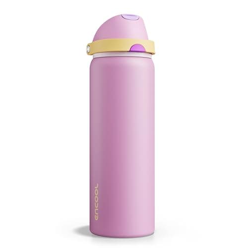 Insulated Water Bottle with Straw - Encool Stainless Steel Water Bottle with Push Button Lid, Leak-Proof & BPA-Free, Keeps Cold for 24 Hours for Sports, Travel, Gym (32 oz, Light Orchid-Fuchsia)