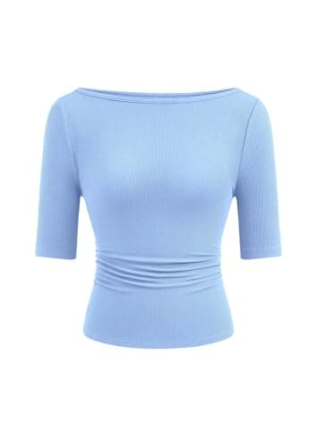 PRETTYGARDEN Womens Summer Short Sleeve Tops Boat Neck Ribbed Knit Slim Fit T Shirt Casual Basic Top 2026 Spring Clothes (Light Blue,Medium) - Image 1