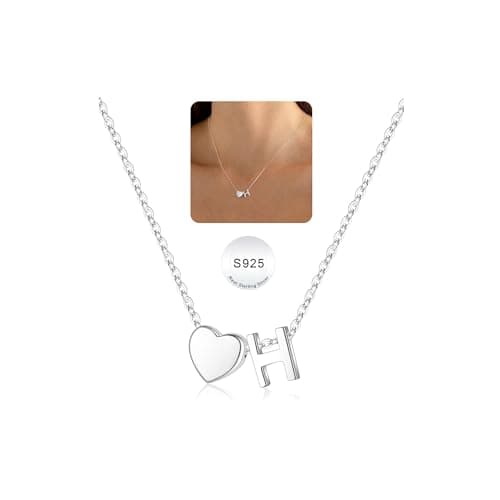 Turandoss Silver Heart Necklaces for Girls Trendy, S925 Sterling Silver Tiny Heart Initial H Necklace Dainty Heart Necklaces Birthday Gifts Silver Initial Necklaces for Girls Jewelry - Image 1