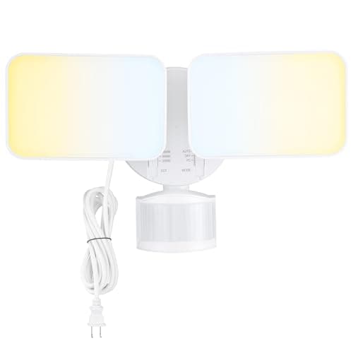 LEONLITE 25W 3CCT Plug in LED Security Light, Motion Sensor & Dusk to Dawn Flood Lights Outdoor, 3 Lighting Modes, Adjustable 2-Head, Wet Location, 3000K/4000K/5000K Selectable, ETL&FCC Listed, White - Image 1