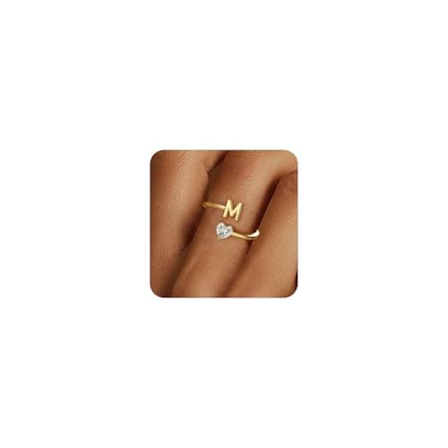Fezodo Initial Rings for Women Non Tarnish - 18K Gold Plated Letter M Initial Ring for Women Gifts,Adjustable Heart CZ Gold Rings for Women Trendy Jewelry - Image 1