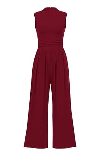 PRETTYGARDEN Womens Summer Jumpsuits Dressy Casual One Piece Outfits Sleeveless Mock Neck Wide Leg Pants Rompers with Pockets (Wine Red,X-Large) - Image 1