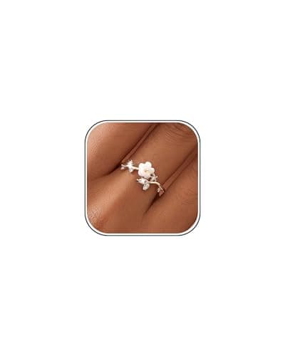 Solistra Rings for Women Non Tarnish, 14K Gold Plated Open Pearl Flower Band Adjustable Cubic Zirconia Rings for Women - Image 1