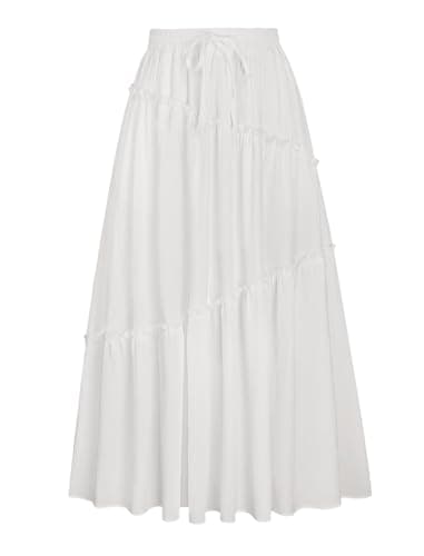 Gracyoga Ruffle Long Flowy Skirts for Women Summer A Line Elastic High Waisted Casual Beach Maxi Skirts with Pockets White X-Large - Image 1