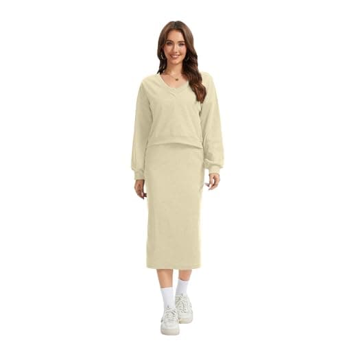 Anyshe Women's 2 Piece Matching Knit Sweater Set, Long Sleeve V-Neck Top with Maxi Skirt, Effortless Style for Vacation - Thumbnail 3