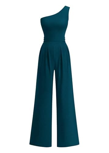 KIRUNDO One Piece Jumpsuits For Women Dressy 2026 Sleeveless One Shoulder Ribbed Wide Leg Rompers With Pockets Summer Outfits(Lake Blue, X-Large) - Image 1