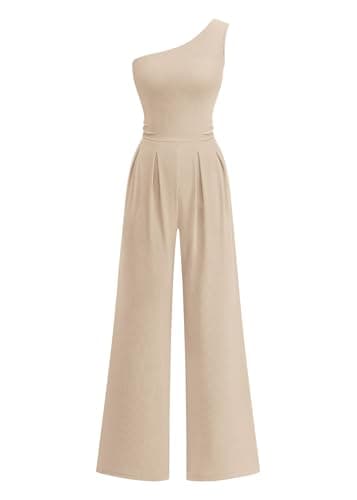 KIRUNDO One Piece Jumpsuits For Women Dressy 2026 Sleeveless One Shoulder Ribbed Wide Leg Rompers With Pockets Summer Outfits(Beige, XX-Large) - Image 1